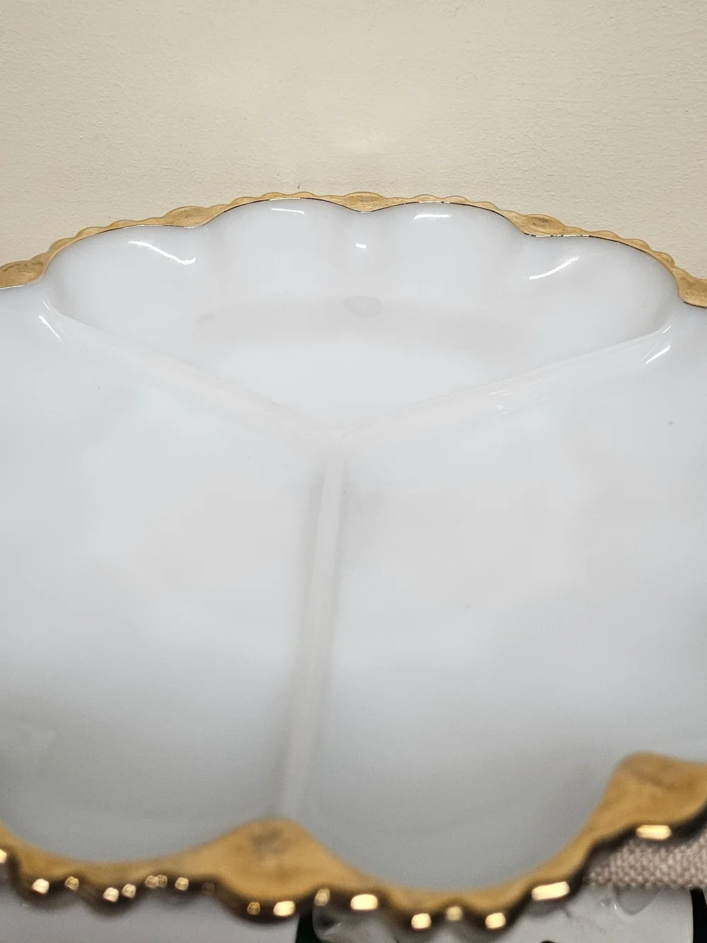 Anchor Hocking Milk Glass Divided Serving Tray with Gold Rim